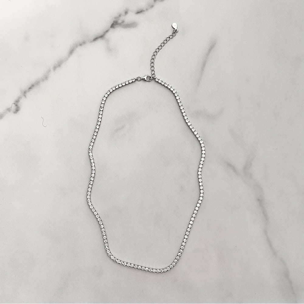 NIB Sterling Silver 925 Cubic Zirconia 3mm Tennis Necklace 15.5” plus extender
